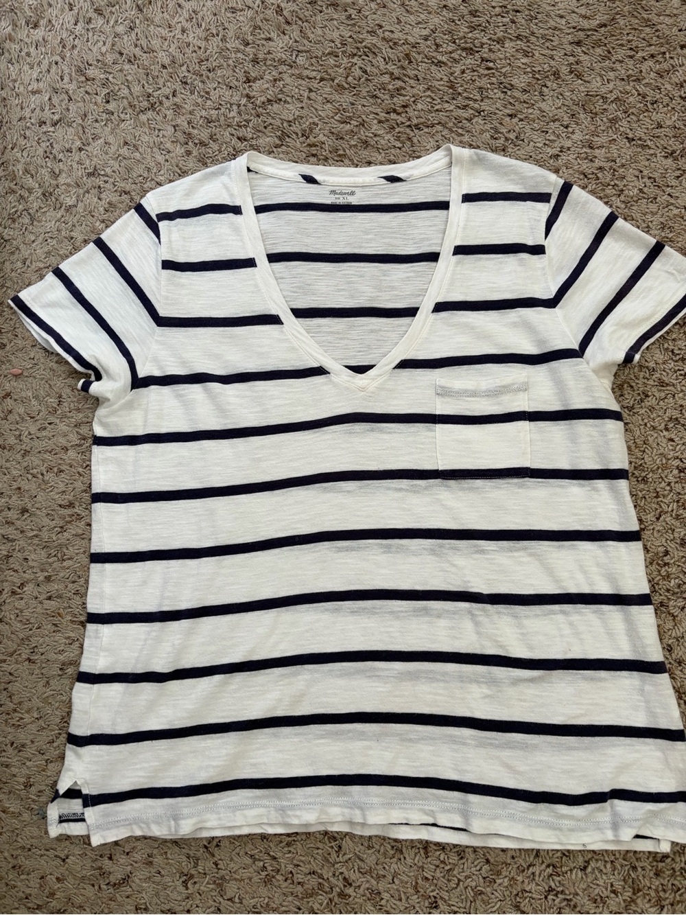 Madewell V-neck Stripe Pocket Tee - White/Navy - XL